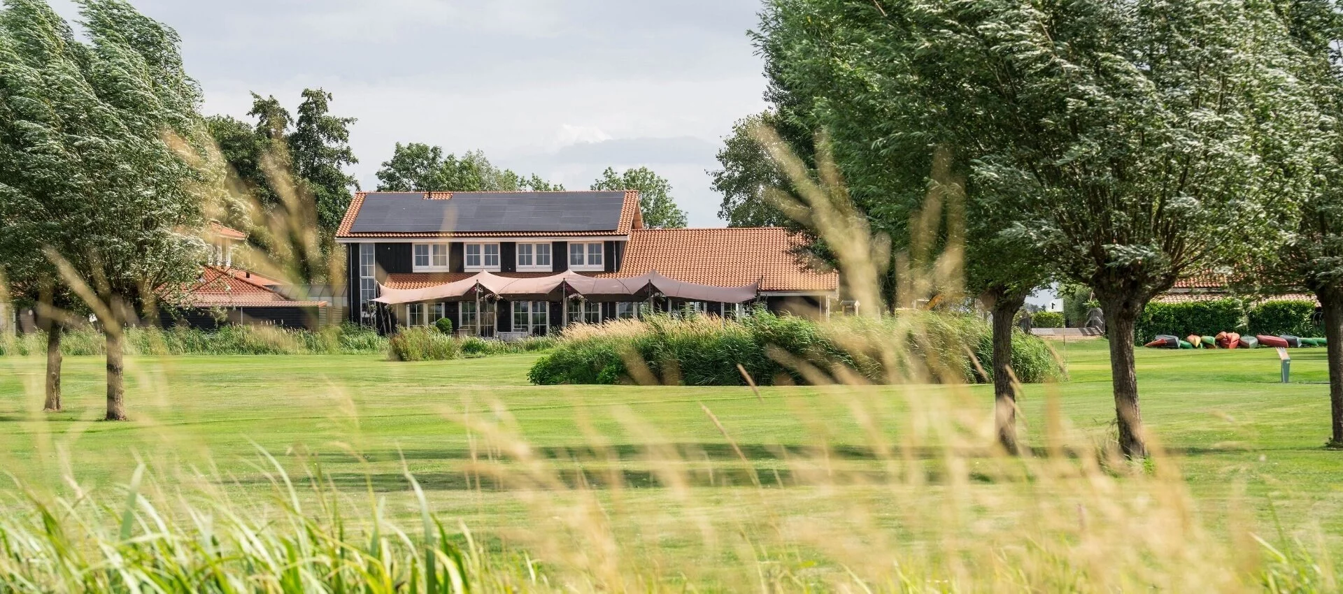 Aanzicht Kameryck vanuit het riet, over het weiland.