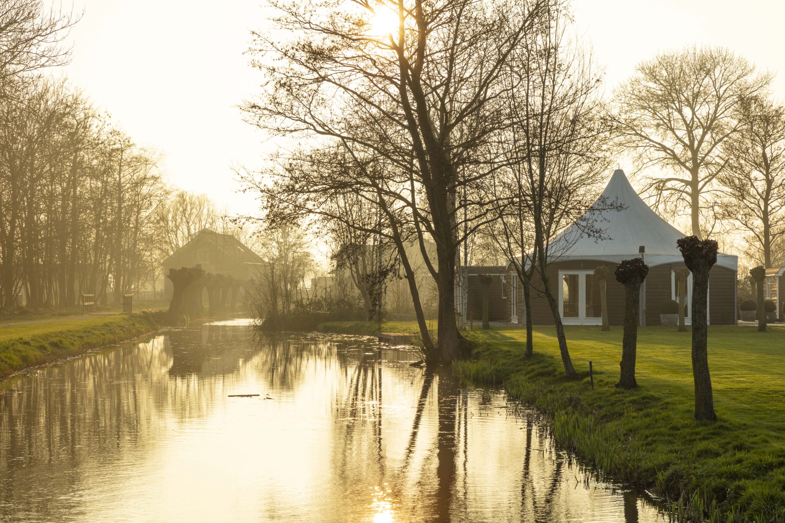 Veldhuysjes in ochtendzon met dauw